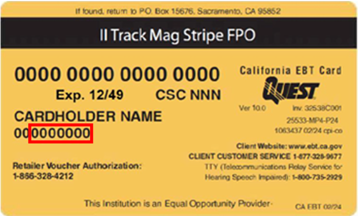 Back of an EBT card showing 2 characters and a red box around the next 7 characters under a name.
